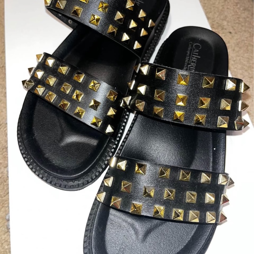 Catherines Black and Gold Studded Sandals